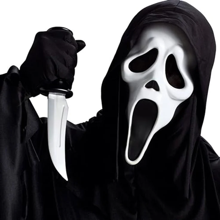 Fun World Ghostface Scream Maske, originale Halloween Verkleidungsmaske mit angenähter schwarzer Stoffkapuze – Bild 5