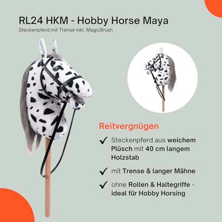 RL24 HKM Hobby Horse Maya, Steckenpferd aus Plüsch mit Holzstock, Trense, langer Mähne, ideal für Hobby Horsing, weiß – Bild 4