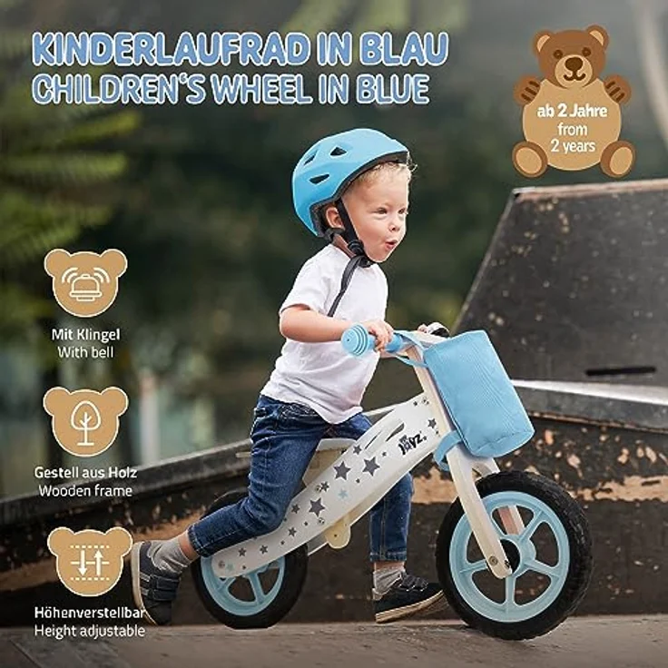 Joyz Laufrad aus Holz, Blau, Lauflernrad für Kinder ab 2 Jahren, pannensichere 11 Zoll-EVA-Räder, verstellbarer Sitz – Bild 2