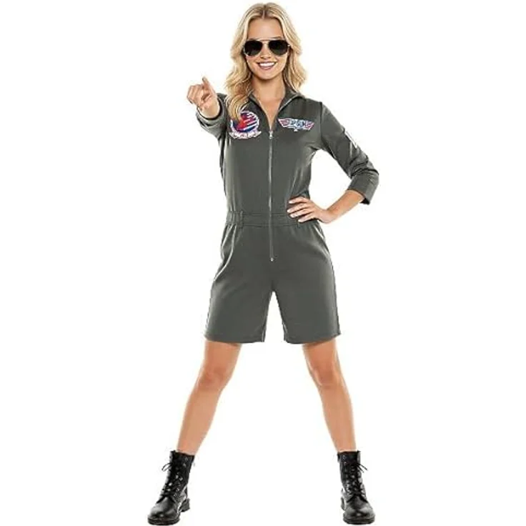 Maskworld Top Gun Kostüm für Damen, Olivgrüner Playsuit mit Patches, Größe XL – Lizenziertes Piloten-Outfit für Karneval & 80er Mottopartys – Bild 1