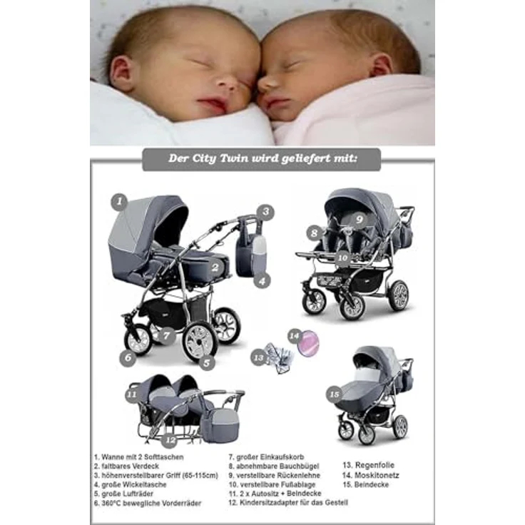 Elcar Zwillingskinderwagen 3 in 1 City Twin inkl. Autositze - Komplettset für 2 Kinder - in 19 Farben – Bild 5