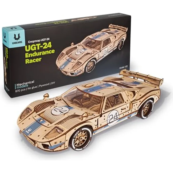 UGEARS UGT-24 Ausdauer-Rennwagen 3D Puzzle, mechanischer Holzmodellbausatz im Maßstab 1:12 mit V8-Motor, 970 Teile, authentische Rennmerkmale, für Erwachsene