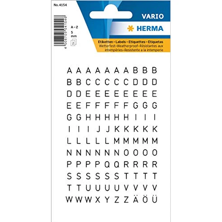 HERMA 4154 Buchstaben Aufkleber schwarz, Schriftgröße 5 mm, 240 Stück, selbstklebend, wetterfest, mini, Alphanet Sticker Klebebuchstaben A-Z aus Folie zum Aufkleben, transparent – Bild 1