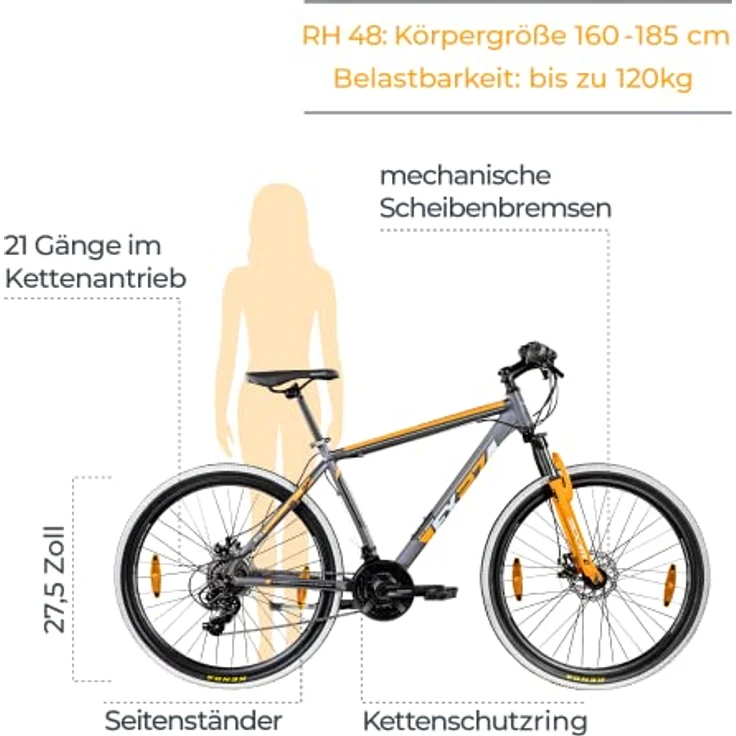 ZÜNDAPP FX27 Mountainbike 27,5 Zoll Fahrrad Mountain Bike Hardtail mit Shimano Schaltung MTB Fahrrad Herren Damen mit MTB Rahmen und Federgabel 21 Gänge 650B (grau/orange, 48 cm) – Bild 2