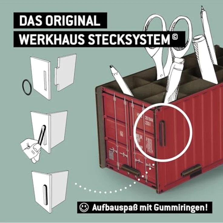 Werkhaus Container Penbox rot, Stifteköcher aus Holz mit 12 Fächern und kinderleichtem Aufbau – Bild 8