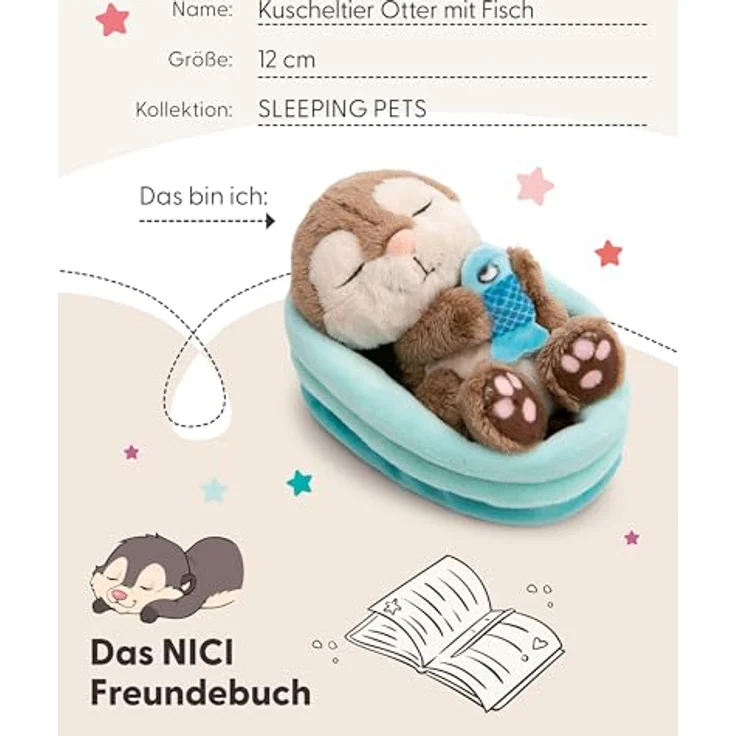NICI Kuscheltier Otter mit Fisch 12cm schlafend im Körbchen - grau - Stofftier aus weichem Plüsch, niedliches Plüschtier zum Kuscheln und Spielen - für Kinder & Erwachsene – Bild 5