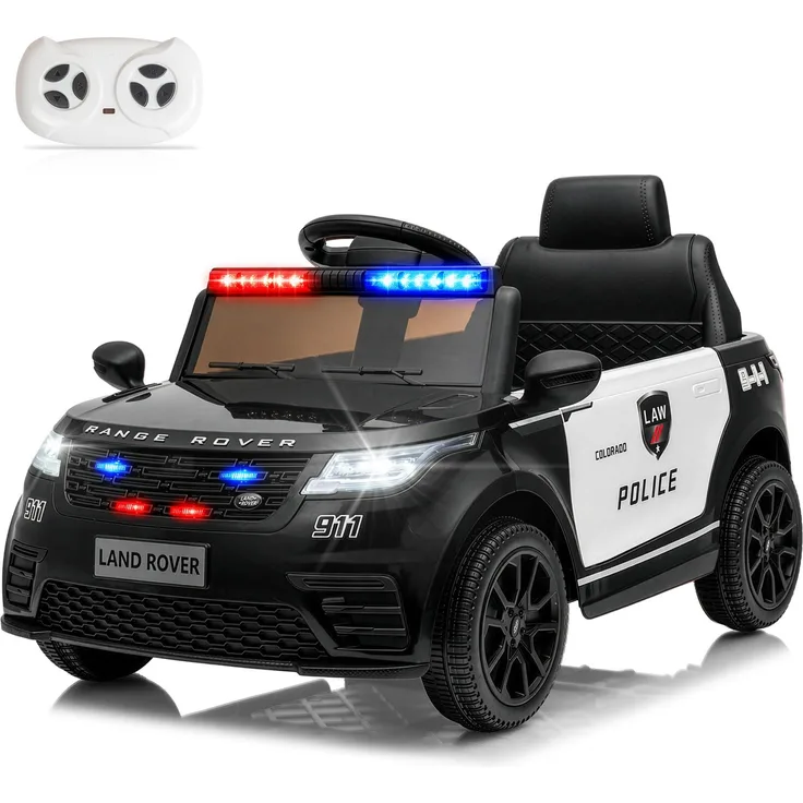 FCH LAND ROVER Polizeiauto 12V, Kinder Elektroauto mit Bluetooth, Musik, Hupe und USB, schwarz/weiß/rot