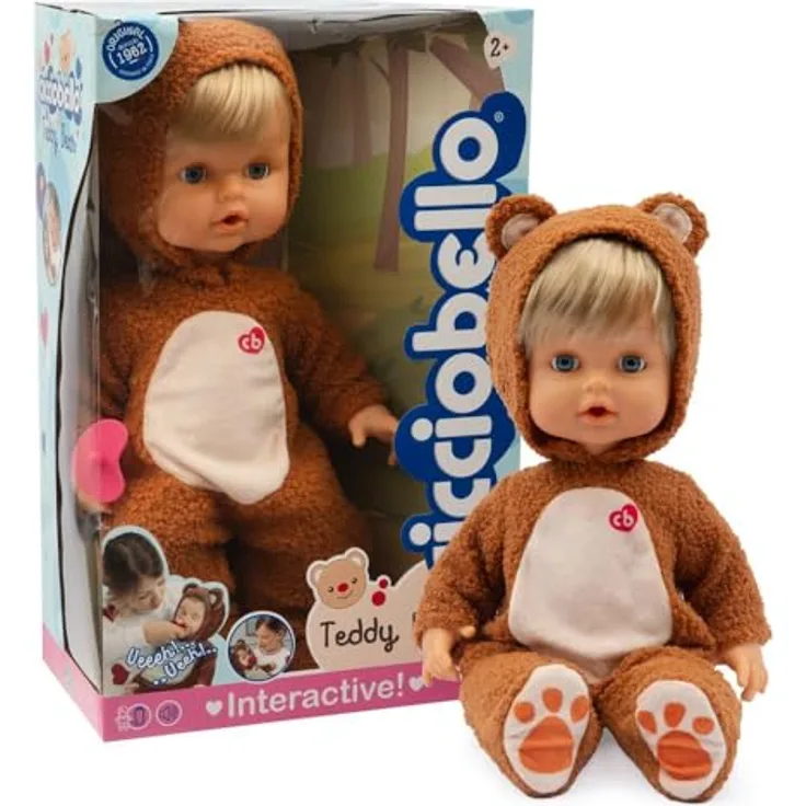 Giochi Preziosi Cicciobello Teddy Bear, Interaktive Puppe 42 cm mit Teddy-Bären-Overall, weint und beruhigt sich mit Schnuller, ab 2 Jahren