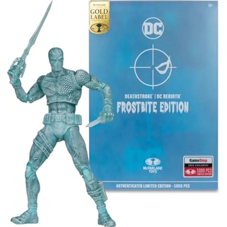 Bizak 64387226 Bewegliche Figur Deathstroke Sonderedition Frosbite, 18 cm, 22 Gelenkpunkte, inkl. Figurensockel und authentifizierter Kunstkarte