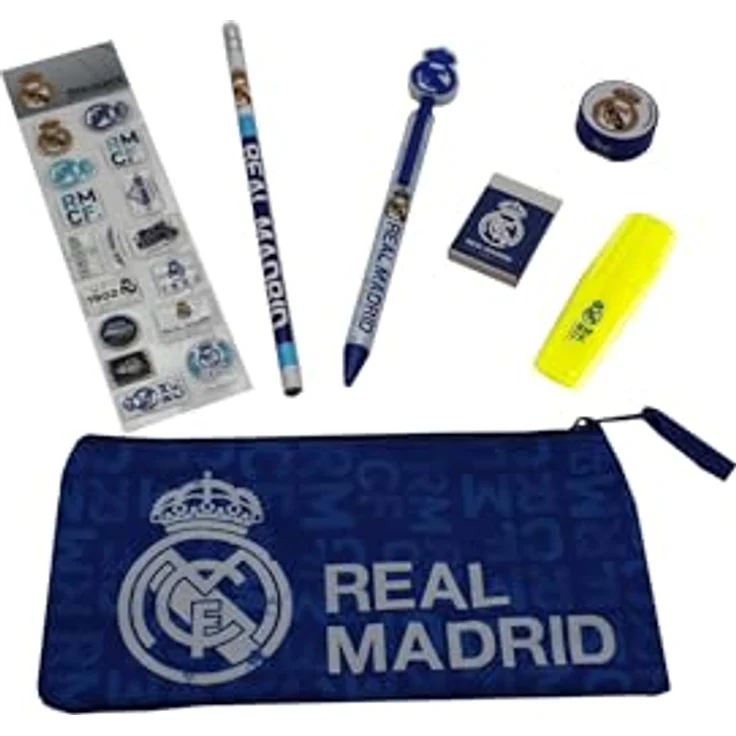 Real Madrid Federmäppchen Schulset, praktische Grundausstattung mit Bleistift, Textmarker und Aufkleberbogen – Bild 3