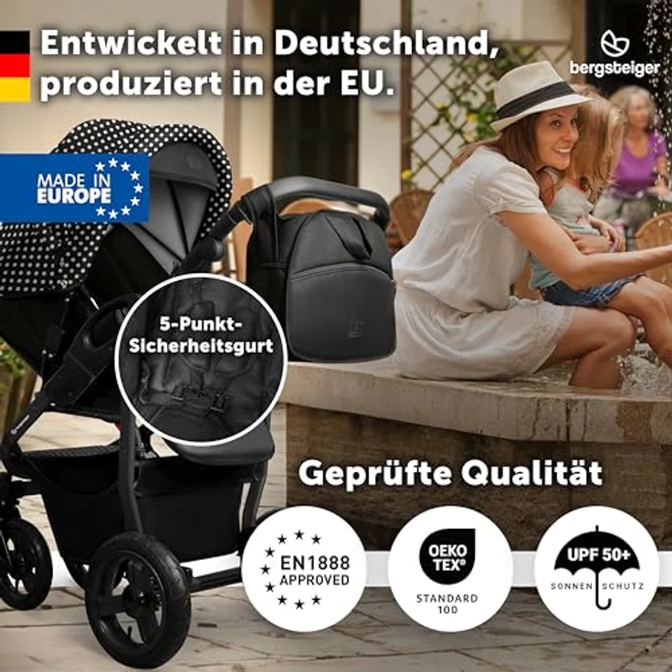 Bergsteiger Capri Kombikinderwagen 3-in-1, Babywanne, Sportsitz & i-Size Babyschale, Luftreifen, Federung, höhenverstellbarer Griff, faltbar, Zubehör – Bild 4