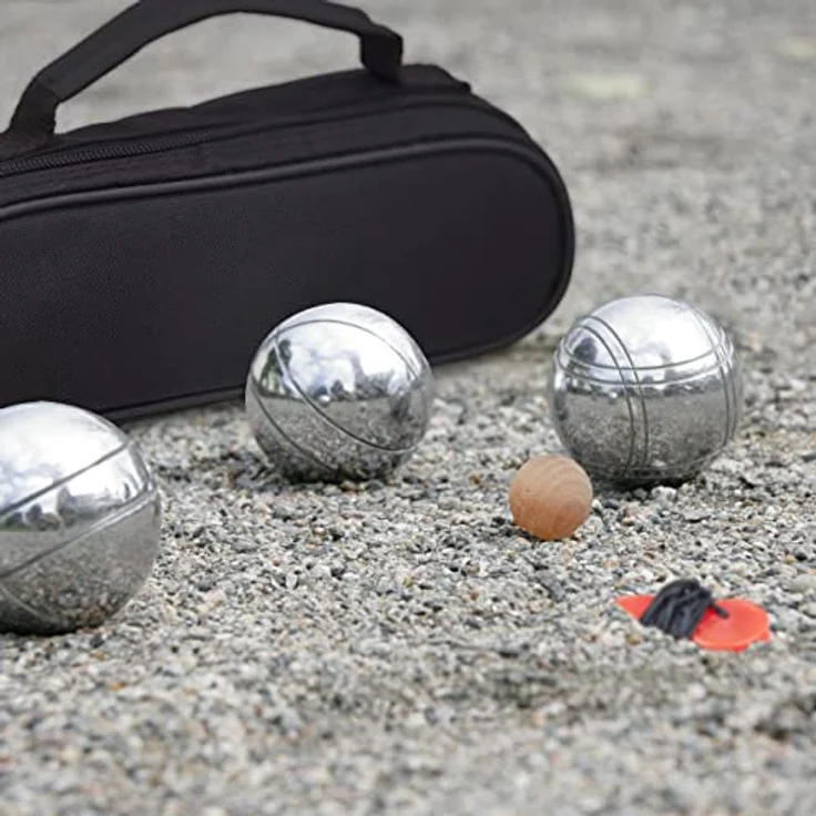 Relaxdays Boule Set, 3 Metall Kugeln mit Zielkugel, Abstandsmesser und Tragetasche, Silber/Schwarz, für Outdoor-Spiele – Bild 2