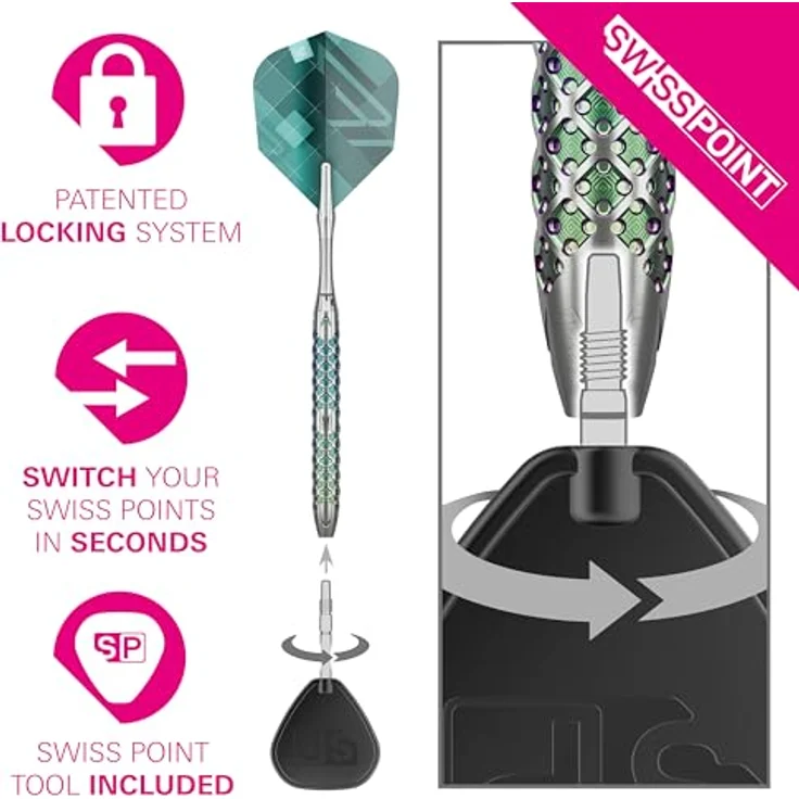 Target Darts Rove Swiss Point Steeldarts, 90% Tungsten Dart-Set, Barrel 01-22G | Steeldarts-Set, Grün & Silber, Profi Dart-Set mit Swiss Points & Tool – Bild 4