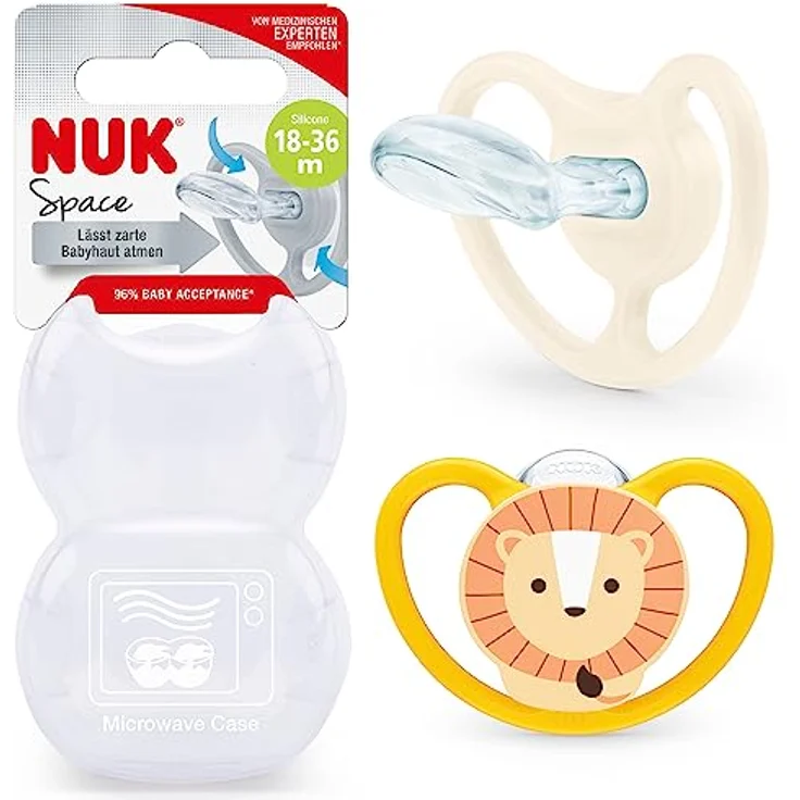 NUK Space Schnuller | Schnuller mit extra Belüftung | BPA-freies Silikon | 18-36 Monate | Löwe & Sonne | 2 Stück – Bild 1