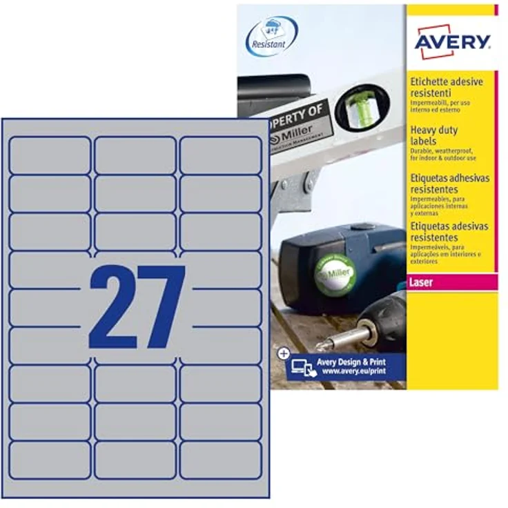 AVERY Zweckform L6011-8 Typenschild Folienetiketten, 216 Stück, stark selbstklebend, wetterfest, strapazierfähig, 63,5x29,6mm, silber – Bild 1