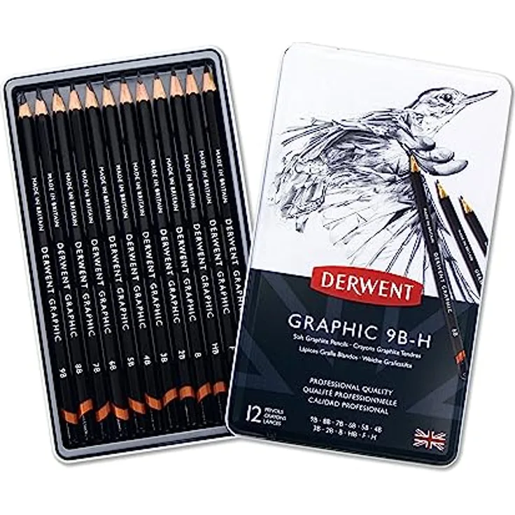Derwent Graphic Bleistift-Zeichenstifte, 12er-Set in Profiqualität, ideal für Illustrationen und Schattierung, verschiedene Härtegrade 9B bis 9H, bruchfest in sechseckiger Form