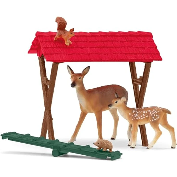 Schleich Fütterung der Waldtiere, Spielset mit Rotwild Kuh, Kalb und Futterkrippe, ca. 12 x 12,5 x 10 cm – Bild 7