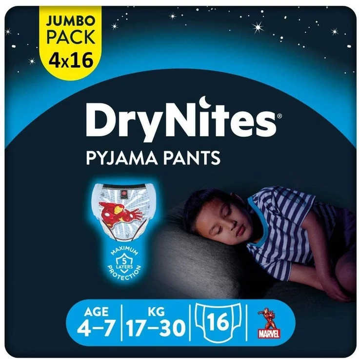"HUGGIES DryNites Nacht-Windeln Jungen 4-7 Jahre (17-30kg), 64 Stk, Vorratspack - Disney Designs, 5-lagige Absorption"
