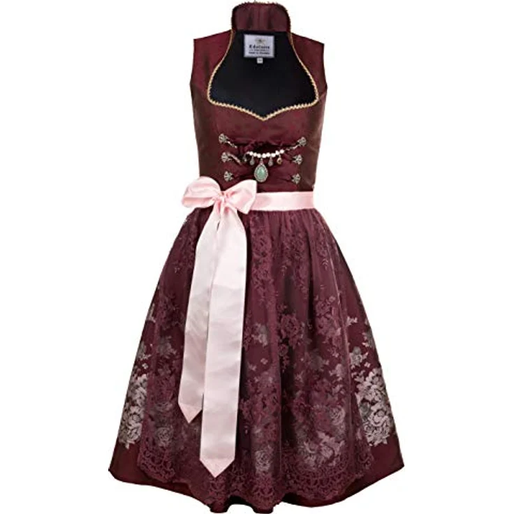 Edelnice Dirndl Stella, Dirndlkleid aus satt dunkelrotem Brokatstoff mit romantischen Streublumen und Schmetterlingen – Bild 2