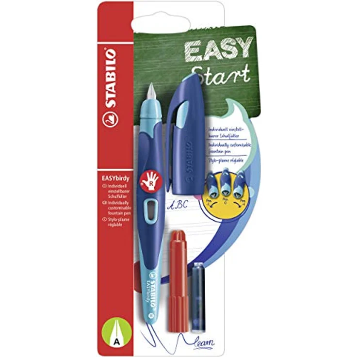 Ergonomischer Schulfüller für Rechtshänder mit Anfänger-Feder A - STABILO EASYbirdy in mitternachtsblau/azur - Einzelstift - inklusive Patrone und Einstellwerkzeug - Schreibfarbe blau (löschbar) – Bild 1