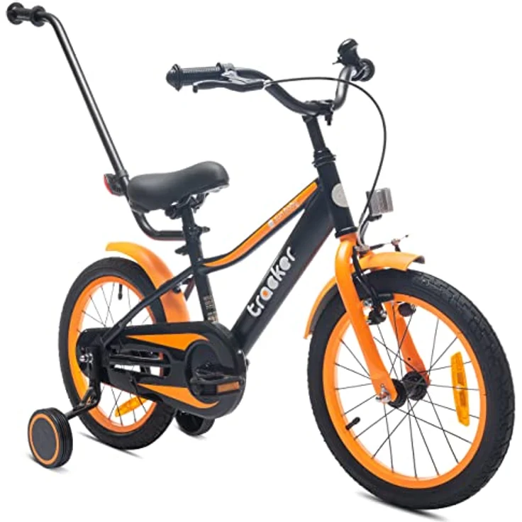 sun baby Jungenfahrrad 16 Zoll Tracker Bike mit Stützrädern und Schubstange (Neon Orange) – Bild 1