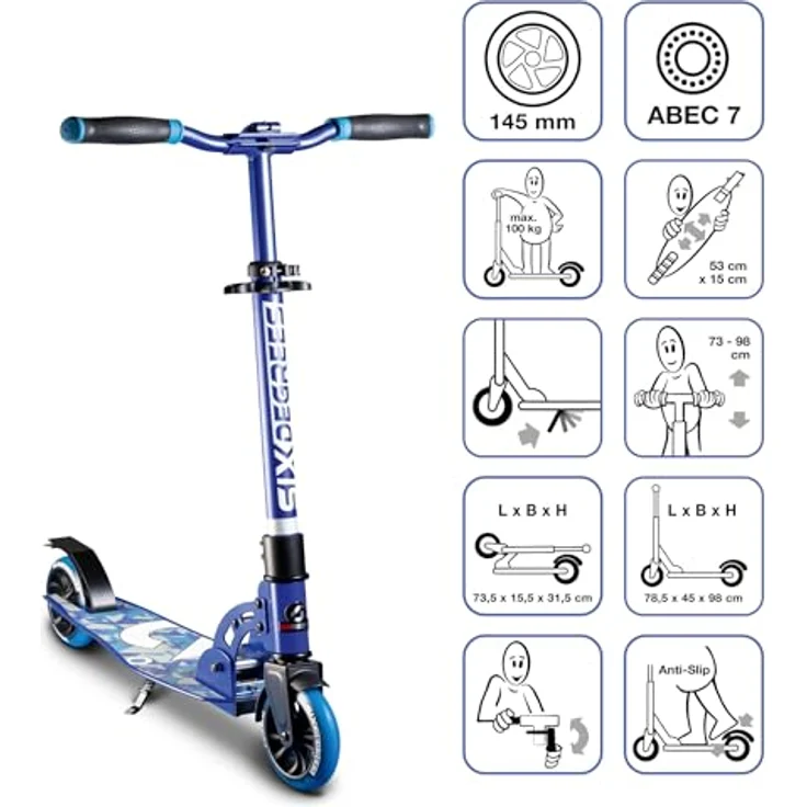 Authentic Sports Scooter Six Degrees Junior, klappbar, 145 mm PU-Rollen, blau, GS-geprüft, höhenverstellbar 73-98 cm, max. 100 kg – Bild 2