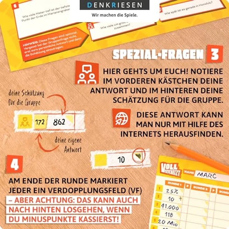 DENKRIESEN VOLL VERSCHÄTZT! Classic Edition, DIN A4 Spielblock mit 350 Fragen, Schätzspiel für 2+ Spieler ab 12 Jahren, ohne Internet – Bild 4
