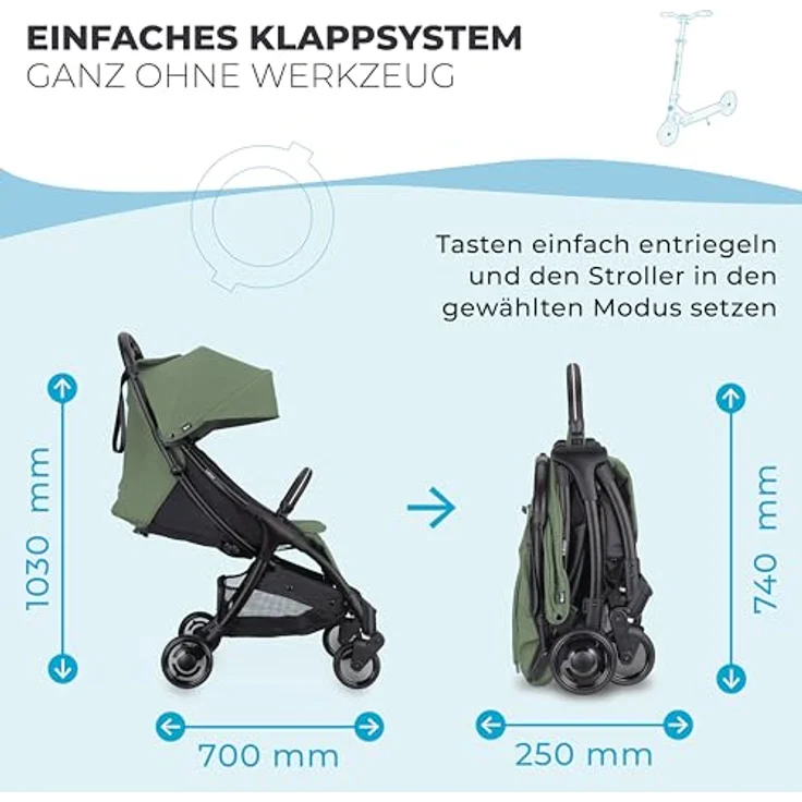 Globber Stroll Lite, Kinderwagen bis 22 kg, kompakter Reisebuggy mit verstellbarer Rückenlehne, Sonnenschutz und 1-Hand-Falt-Automatik, oliv grün – Bild 3