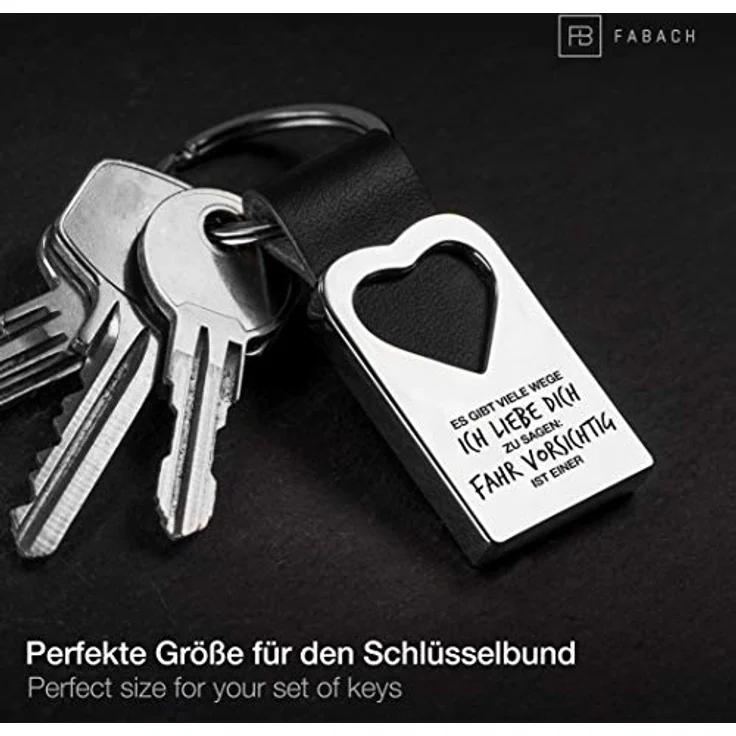 FABACH Herz Schlüsselanhänger mit Gravur aus Echtleder - Glücksbringer für Auto, Motorrad, Haus - Rostfreies Metall mit Mirror-Finish – Bild 3