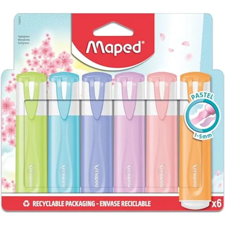 Maped Textmarker FLUO PEPS NEW PASTELL - 6 Pastellfarben, Keilspitzen von 1-5 mm, langlebig
