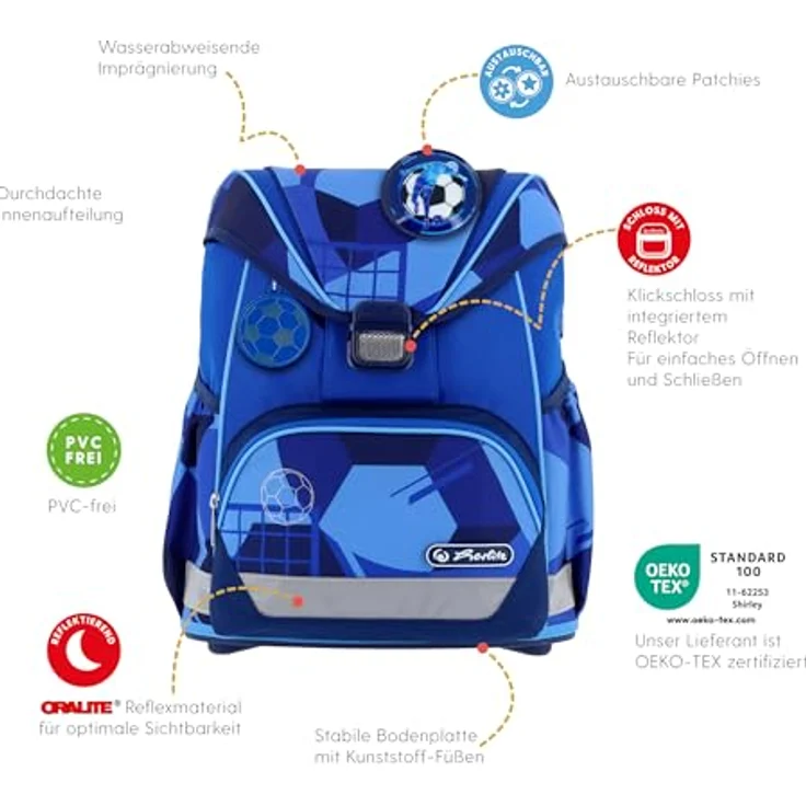 Herlitz Schulranzen Set 6-teilig Blue Goal, Ergonomische ultraleichte Schultasche für 1. Klasse, 16 L, wasserabweisend, mit Reflexmaterialien und praktischen Zubehörteilen – Bild 4