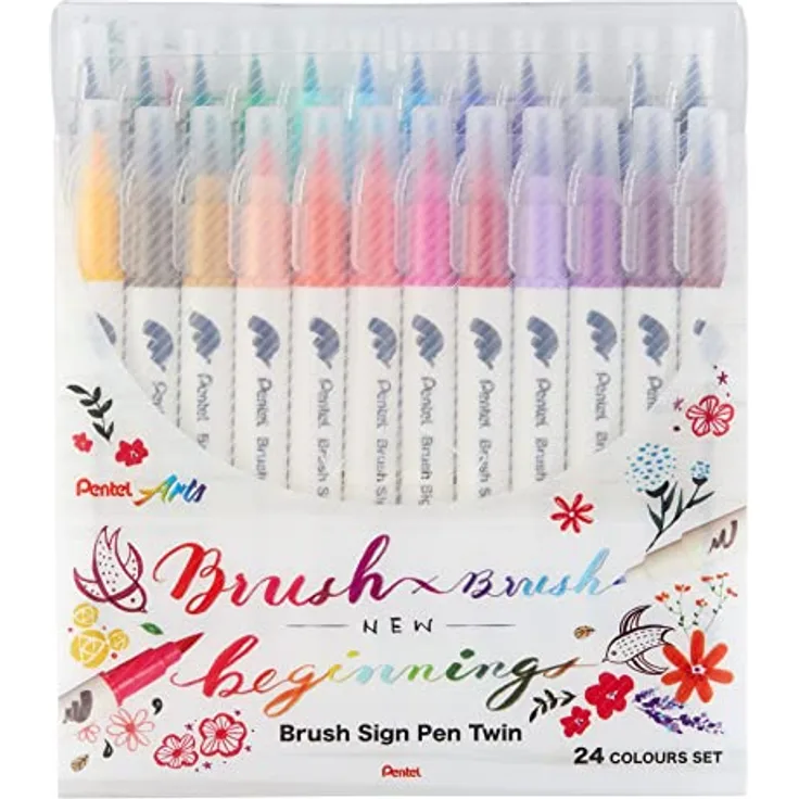 Pentel SESW30C-24 Brush Sign Pen Twin, 24-Farben-Set, Fasermaler mit zwei flexiblen Schreibspitzen, Tinte auf Wasserbasis, sortiert, 1 Stück (24er Pack)