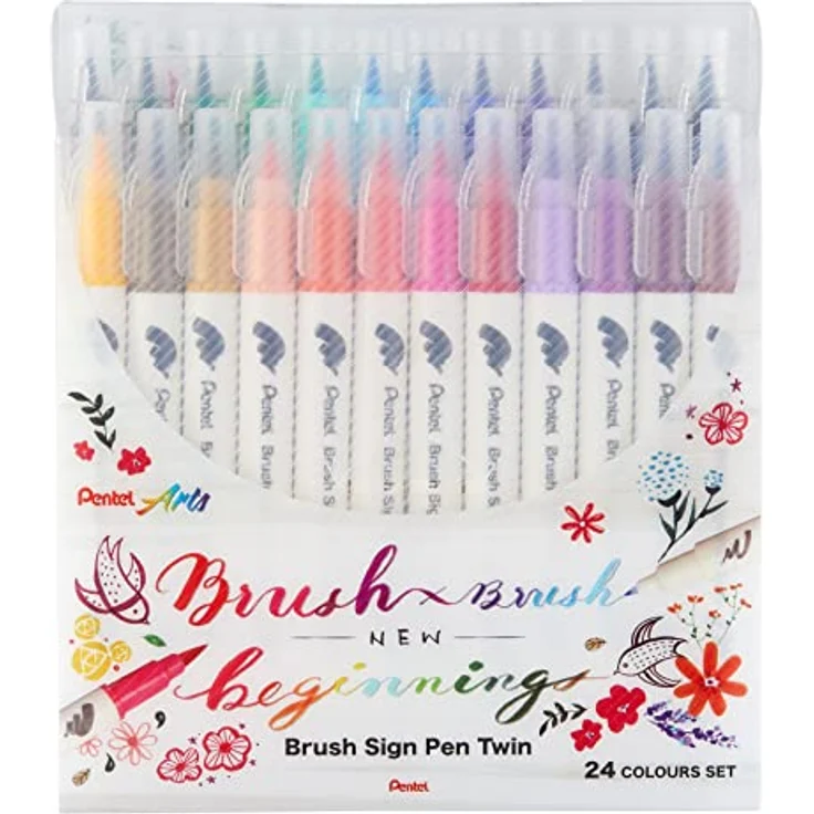 Pentel SESW30C-24 Brush Sign Pen Twin, 24-Farben-Set, Fasermaler mit zwei flexiblen Schreibspitzen, Tinte auf Wasserbasis, sortiert, 1 Stück (24er Pack) – Bild 1