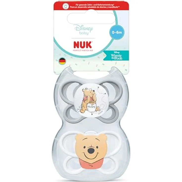 NUK Perfect Match Air Baby Schnuller, orthopädische Schnuller für 0-6 Monate, fördert Luftzirkulation und Speichel-Ausschlag-Prävention, Disney Winnie Puuh, 2 Stück – Bild 1