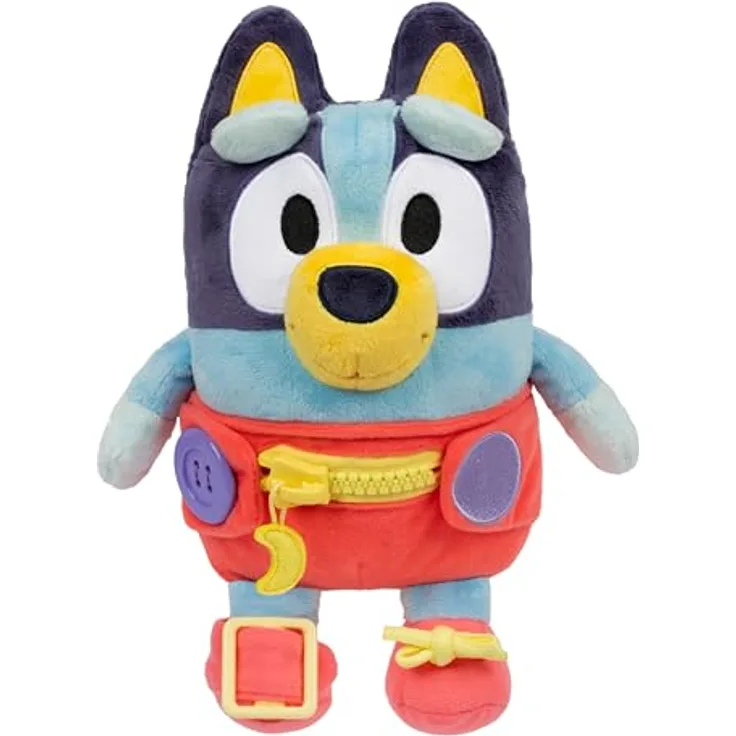 BlueY Anziehspaß Baby, 25,4 cm große Plüschfigur mit Knöpfen, Reißverschluss, Schnalle und Schnürsenkeln zur Förderung der Feinmotorik