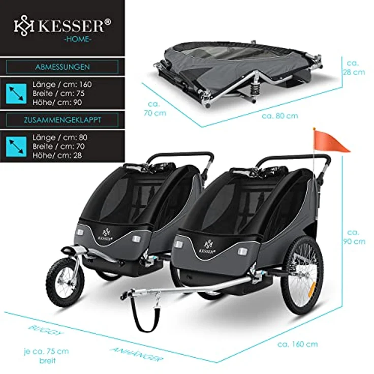 KESSER® Cruiser Kinderanhänger Fahrradanhänger 360° Drehbar mit Federung 2in1 Joggerfunktion Kinderfahrradanhänger + 5-Punkt Gurt Jogger Fahrrad Anhänger für 1 bis 2 Kinder max. 40kg Schwarz / Anthrazit – Bild 8