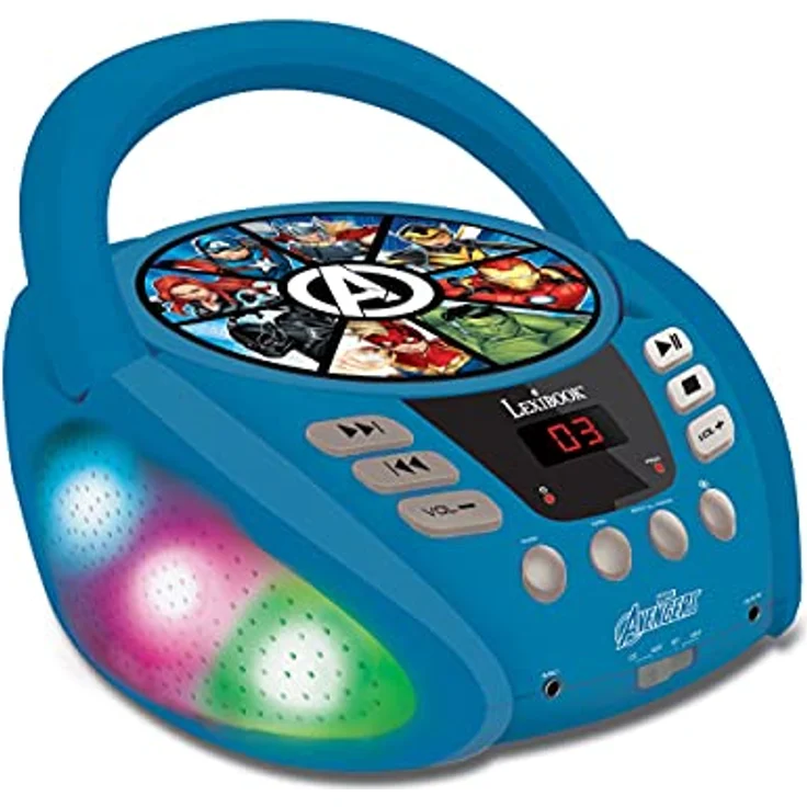 Lexibook RCD109AV Marvel Avengers-Bluetooth-CD-Player für Kinder-Tragbar, Lichteffekte, Mikrofonbuchse, Aux-In, Akku oder Netz, Mädchen, Jungen, Blau/Grau – Bild 2