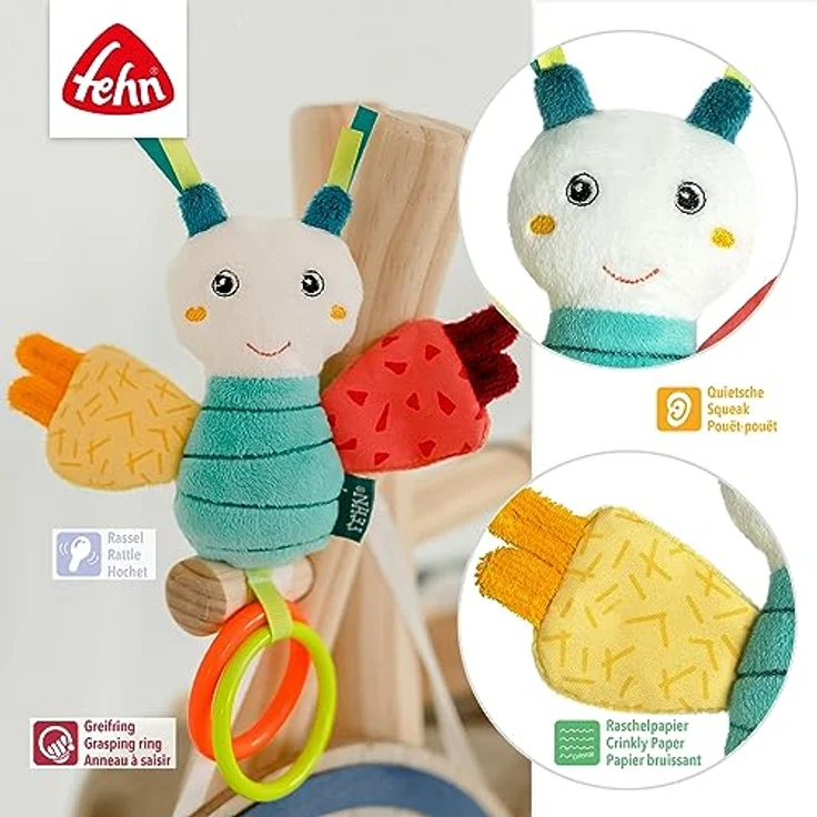 Fehn Mini-Schmetterling – Activity Greifling mit Rassel, Quietsche, Raschelpapier – Baby Spielzeug fördert spielerisch Sinne & Motorik – Spieltier für Babys und Kleinkinder ab 0+ Monaten – Bild 4