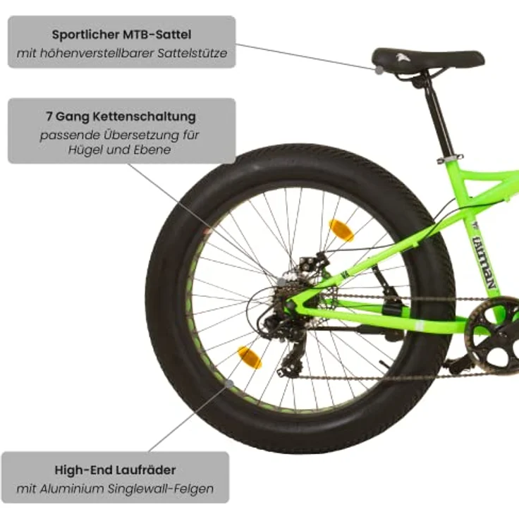 Galano 26 Zoll Fatman 4.0 Zoll Fat TYRE Fatbike, Farbe:neon grün – Bild 4