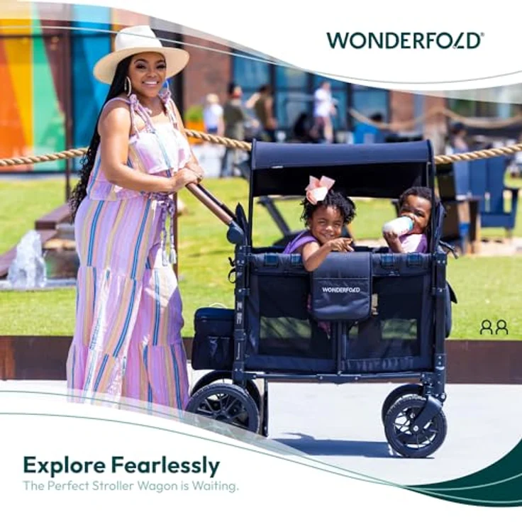 WONDERFOLD W2 Luxe Double Stroller Wagon, Volcanic Black - 2 High Face-to-Face Seats, Magnetic Buckle, 5-Point Harnesses, Adjustable/Removable UV-Protection Canopy – Bild 2