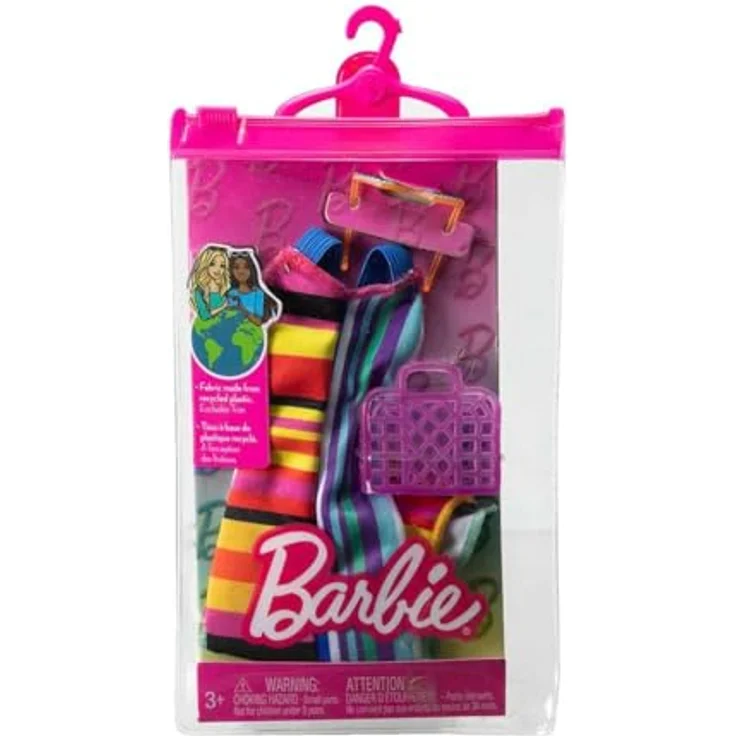 Barbie Fashion Pack HJT22, Puppenkleidung mit langem Kleid, Handtasche und Sonnenbrille, aus recycelten Materialien – Bild 1