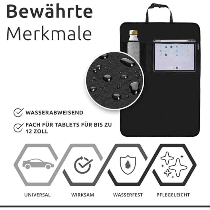 ECENCE Auto-Rückenlehnentasche 2x Rücksitz-Organizer, 50x70cm, wasserdicht, mit 2 großen Netztaschen, schwarz – Bild 6