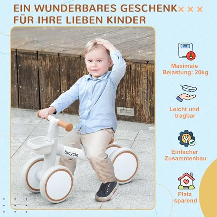 AIYAPLAY Laufrad für Kleinkinder, verstellbarer Sitz, 7 Zoll TPU-Räder, braun+weiß, 56 x 27 x 39 cm – Bild 8