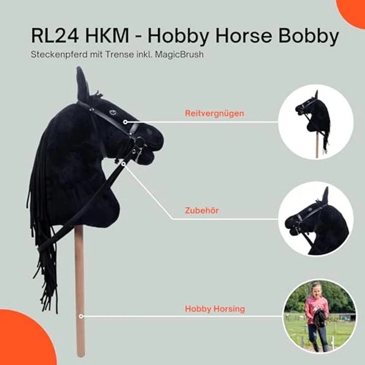 RL24 Hobby Horse Bobby, Steckenpferd mit Trense, Plüsch-Spielpferd mit 40 cm Holzstock, ohne Griffe & Rollen, schwarz, inkl. MagicBrush – Bild 3