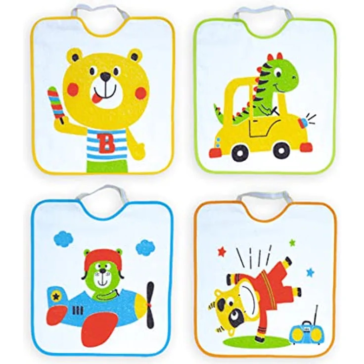 Ti TIN |4er-Pack- wasserdichte Babylätzchen, 32x36cm | Lätzchen mit elastischem Verschluss für Babys und Kinder ab 1 Jahr, 90% Baumwolle-10% Polyester, verschiedene Tier-Motive in verschiedenen Farben