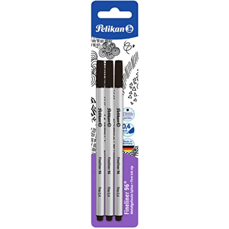 Pelikan 96 Fineliner schwarz, 0,4 mm, 3er Pack, wasserfest, permanent, wischfest, dokumentenecht