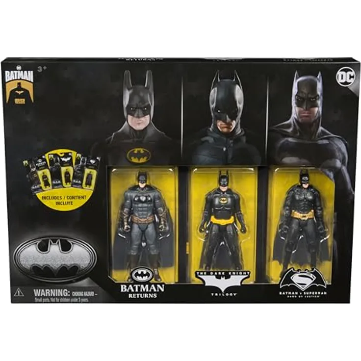 DC Comics Ultimate Batman Set, 3 Batman Figuren (10cm) aus Batman Returns, The Dark Knight und Batman v. Superman, 11 Gelenkpunkte, ab 3 Jahren