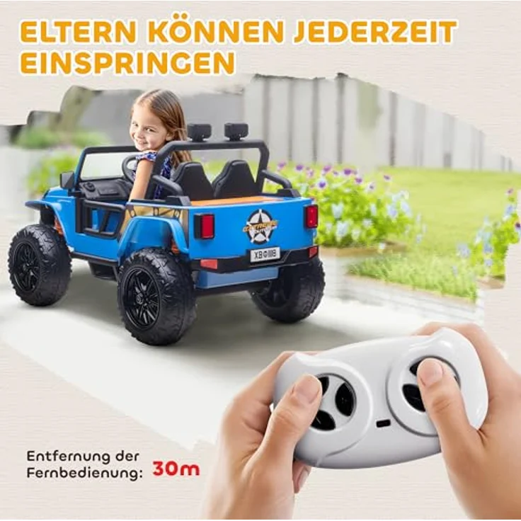 AIYAPLAY Kinder Elektroauto 12V, elektrisches Kinderfahrzeug mit 2 Motoren, Fernbedienung, Hupe, LED, Musik, Eltern-Kind-Sitz, für 3-8 Jahre, Blau – Bild 5