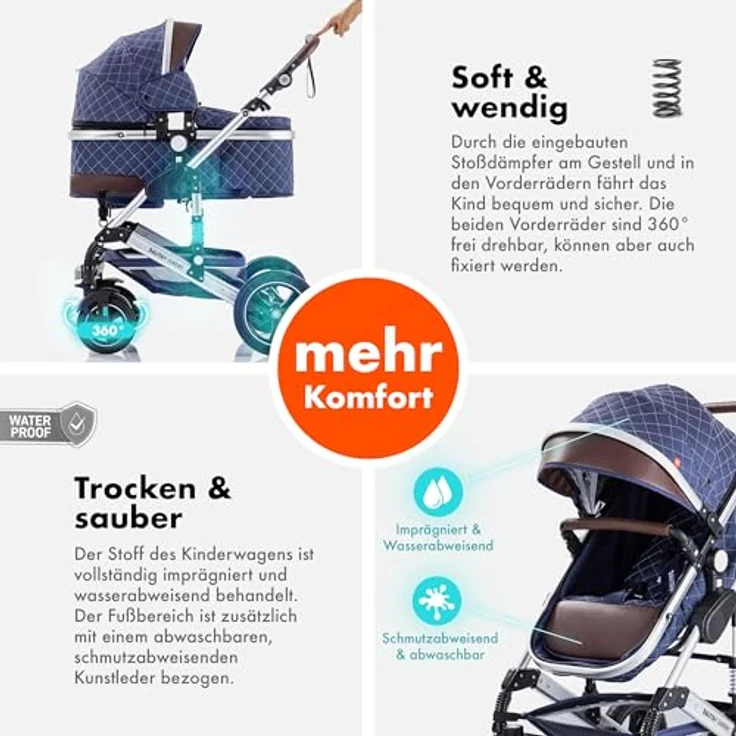 Daliya BAMBIMO 2in1 Kinderwagen & Buggy, Blau - Aluminium Gestell mit doppelter Federung, UV-Schutz 50+, pannensichere Airless Räder, faltbar, mit großem Einkaufskorb – Bild 4