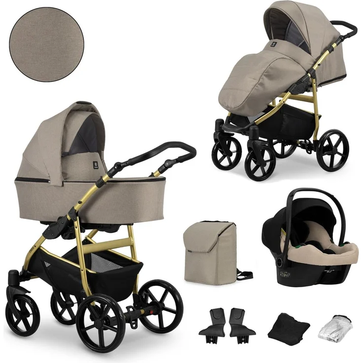 Kunert MATA 3in1 Kombikinderwagen in Braun mit Gold- und Graphit-Rahmen, inklusive Autositz COSMO